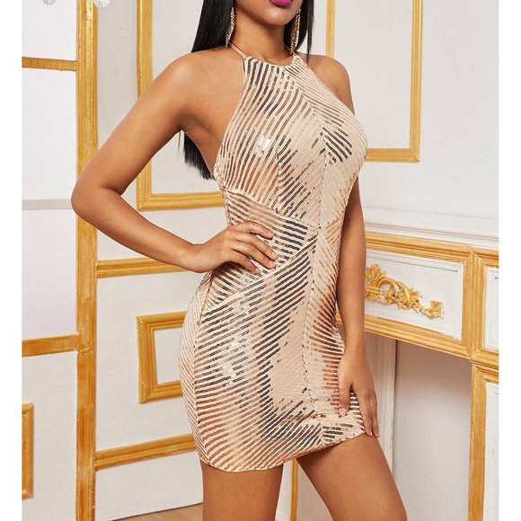 MBM Unlimited Dresses & Skirts - Gold Halter Backless Fitted Sequin Cocktail Dress